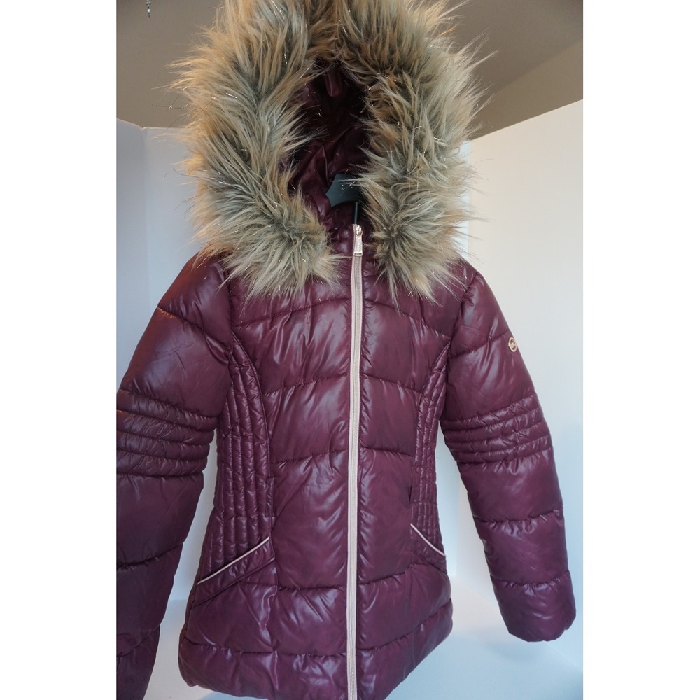 Michael Kors Kids Burgundy Puffer Jacket Faux Fur Hood Size 16 Coat